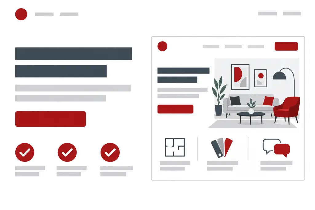 Maquette de landing page avec boutons d’action et aperçu d’un intérieur aménagé.