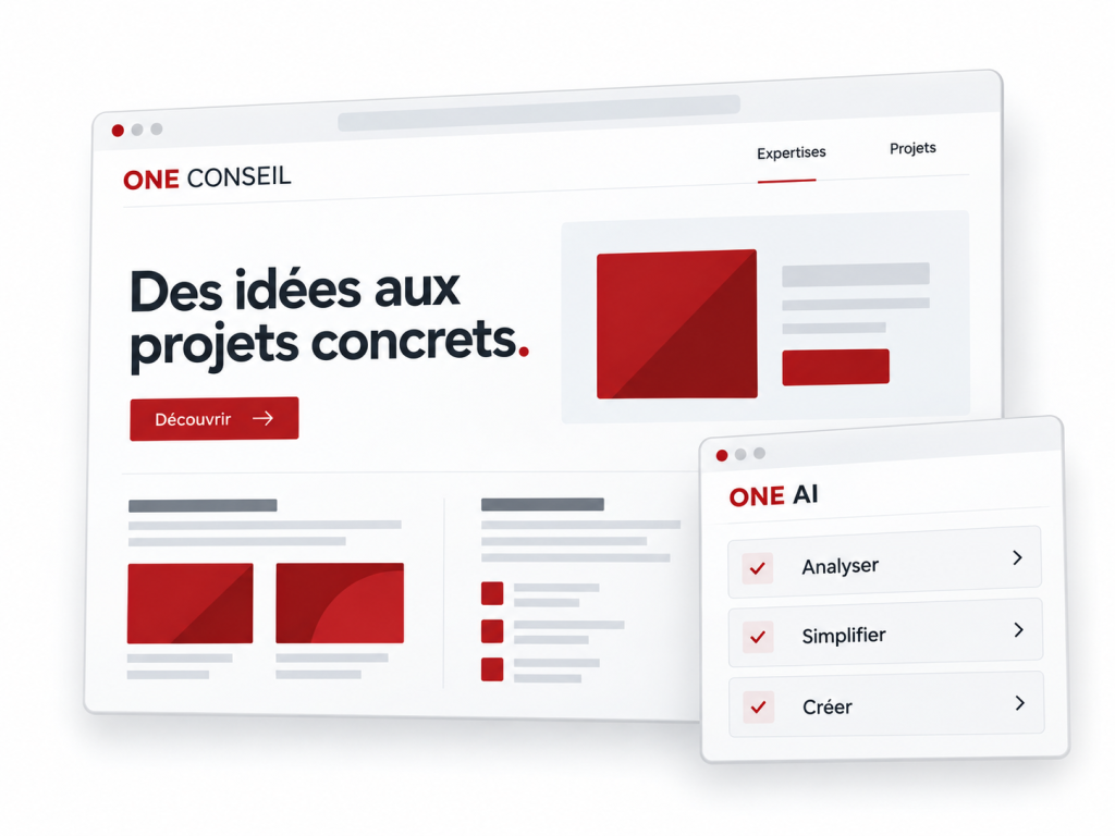 Interface web ONE Conseil accompagnée d’un panneau ONE AI : analyser, simplifier et créer.